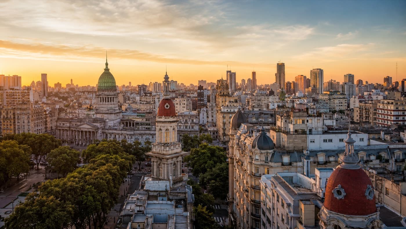 Buenos Aires rooftops and the Congress dome at sunset