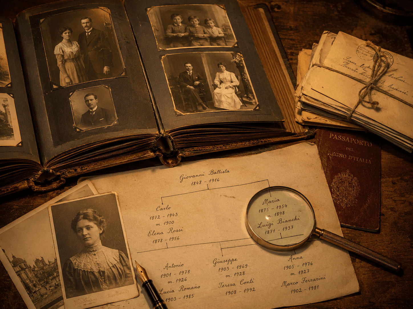 An open vintage family album with sepia portraits, a handwritten genealogy chart, a magnifying glass, and an Italian passport on a wooden desk.