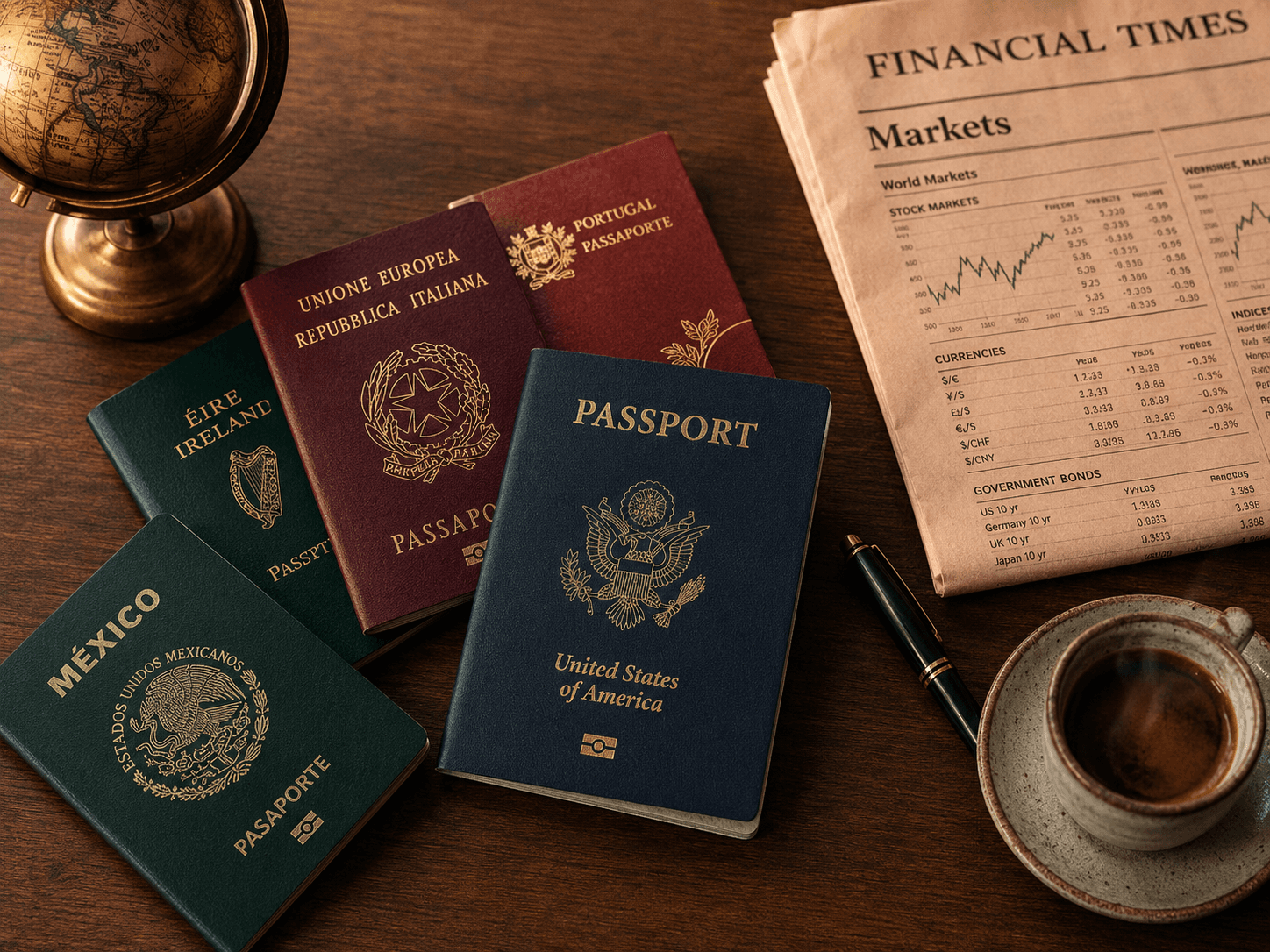 Five international passports — American, Italian, Portuguese, Irish, Mexican — fanned across a wooden desk beside a Financial Times markets page, a brass globe, and an espresso cup.