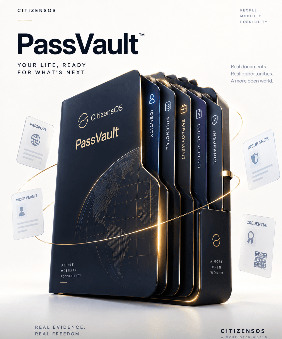 PassVault core file with identity, financial, employment, legal record, and insurance modules and orbiting evidence