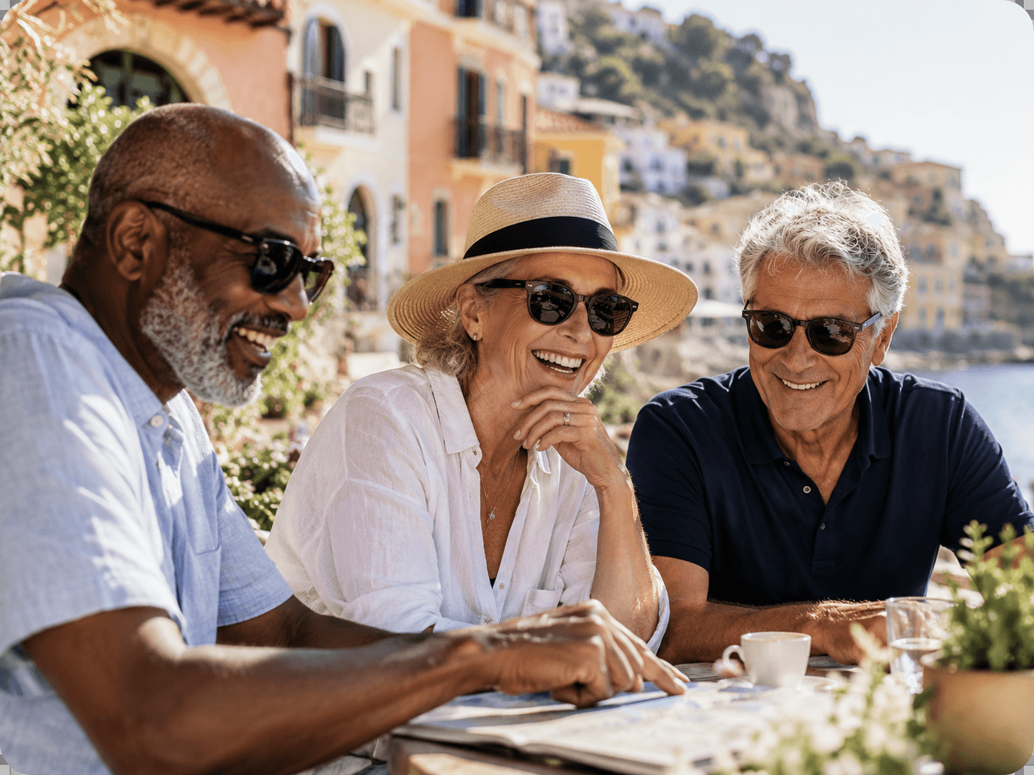 Three older friends laughing at an outdoor Mediterranean cafe.