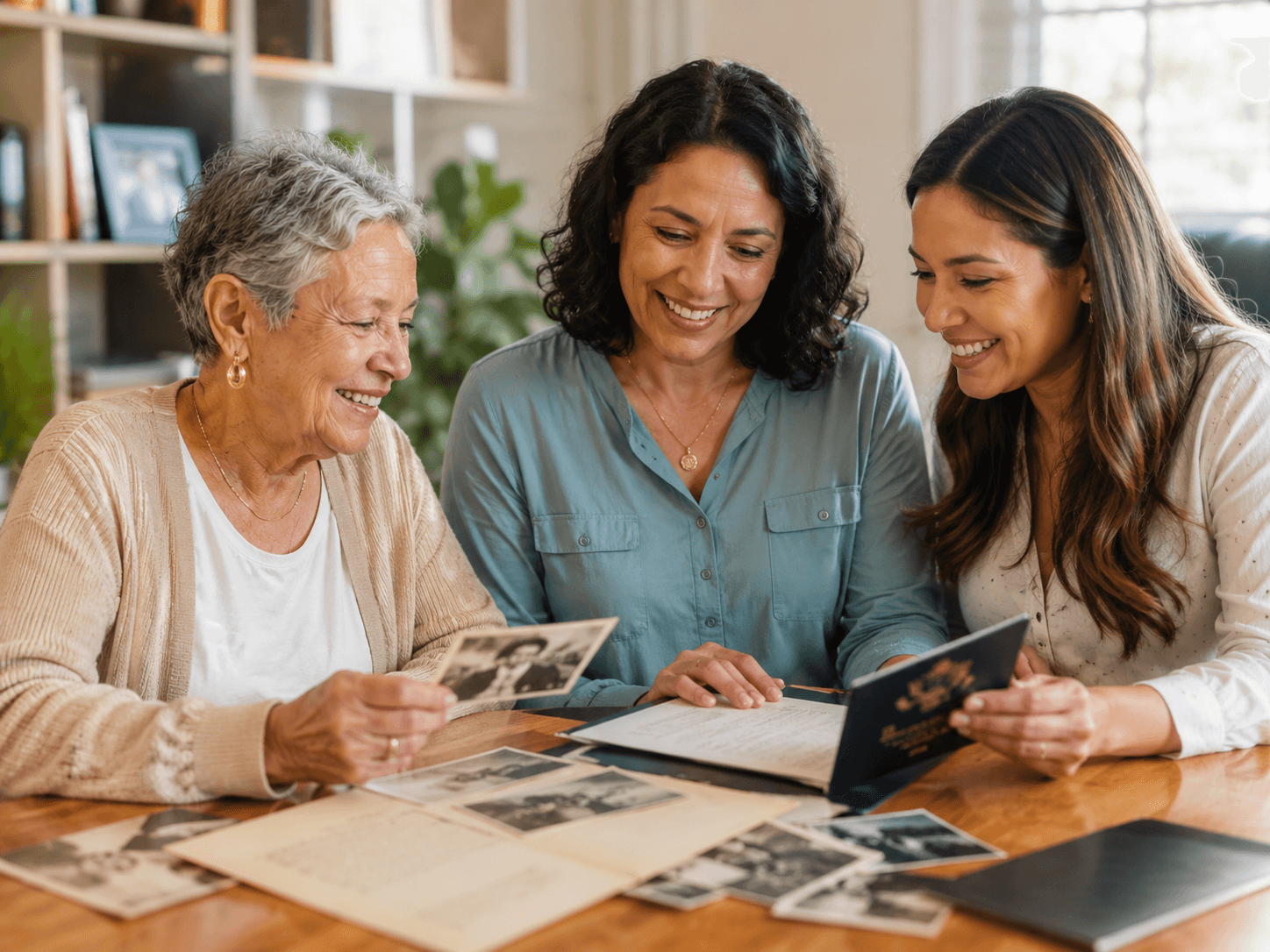 Three generations of women smiling as they review old family photos and a passport at a dining table.