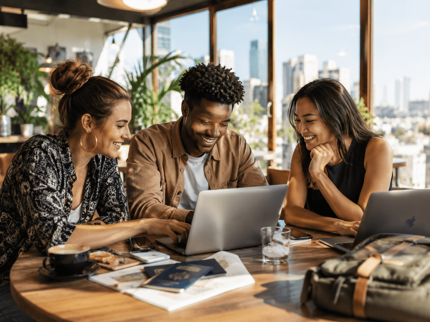 Three remote workers laughing over their laptops in a sunlit cafe with passports on the table.