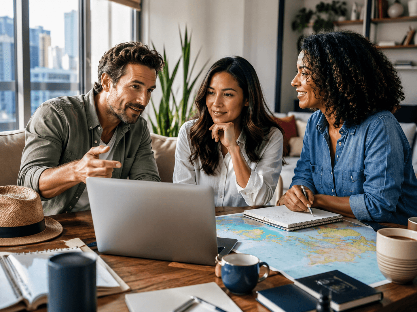A man and two women around a laptop and world map, planning a relocation together.